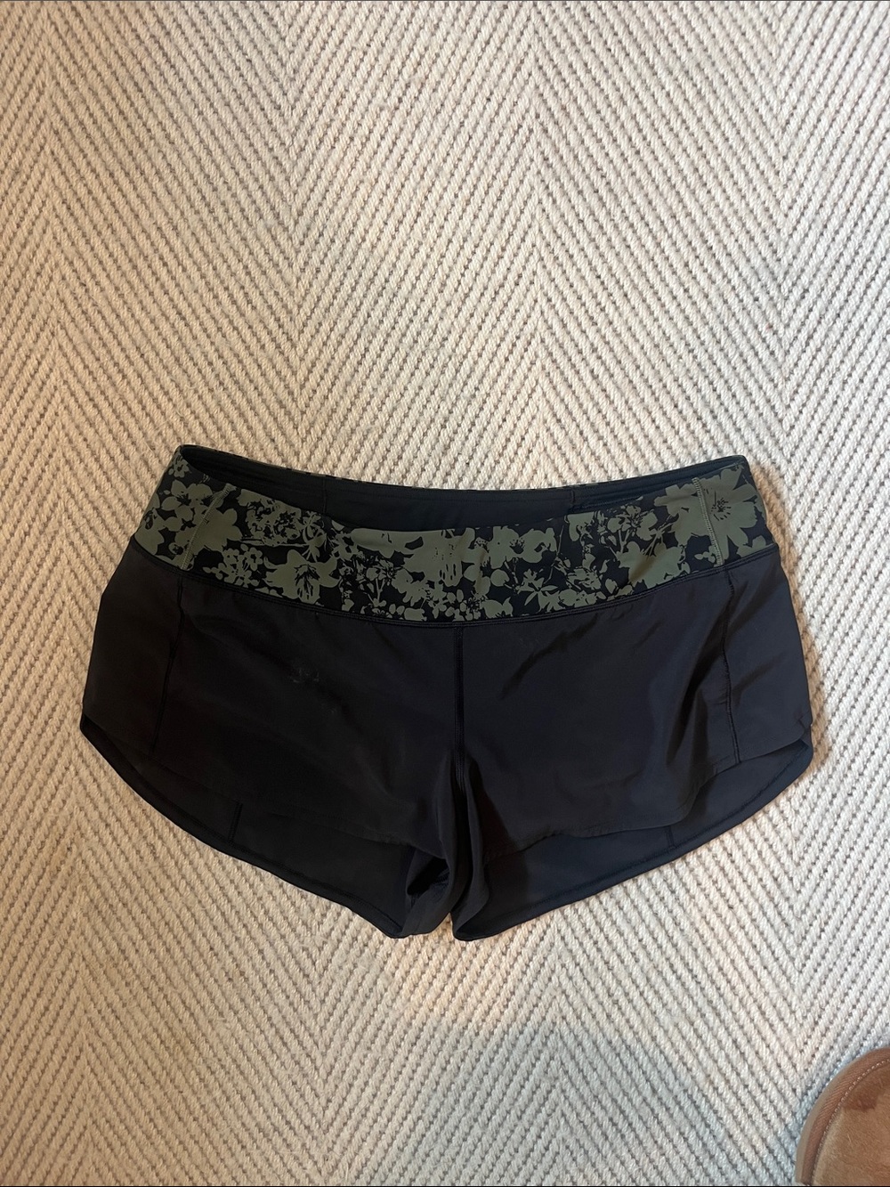 lululemon athletica Black Athletic Shorts with Olive Floral Waistband